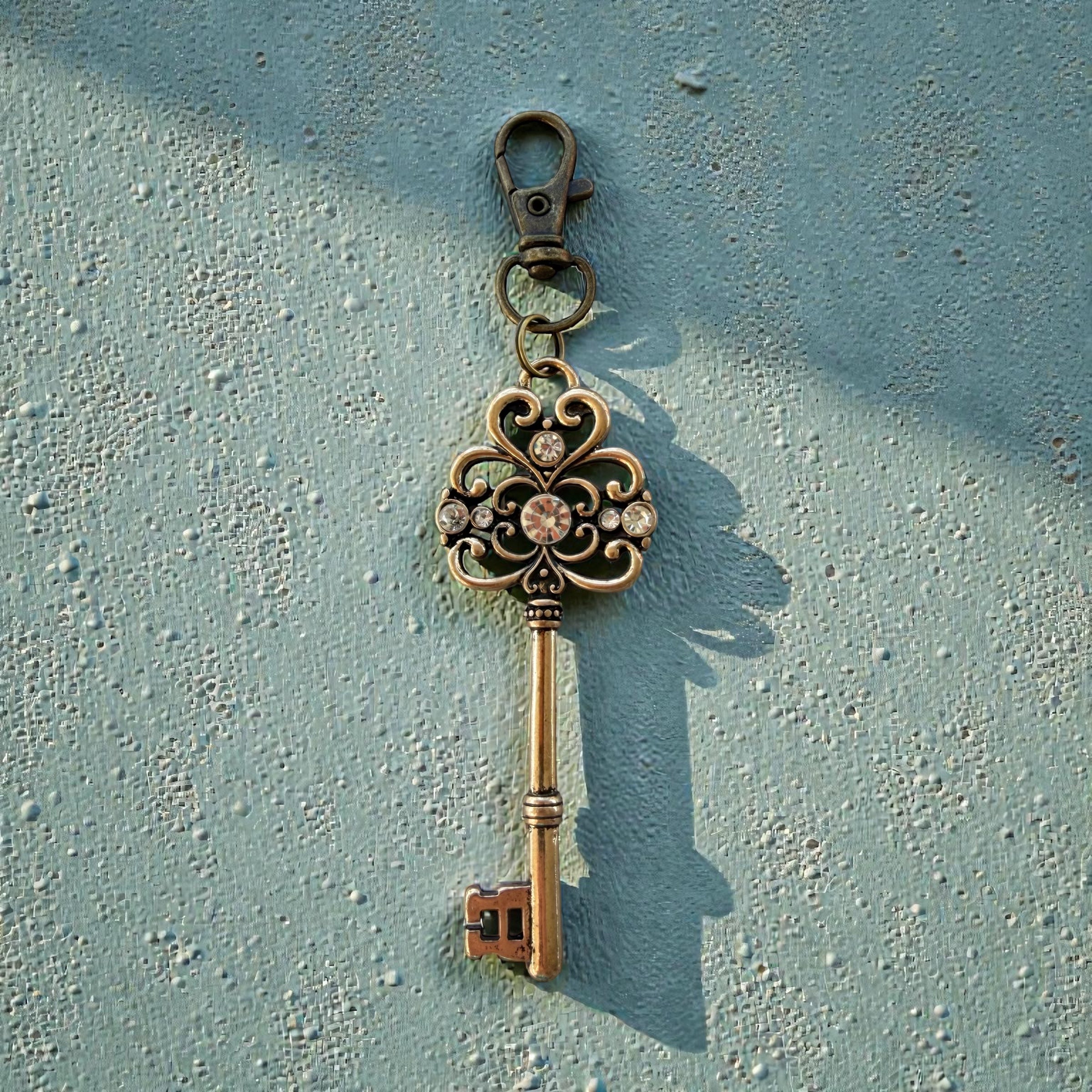 Vintage Key Purse Charm – Antique Gold Rhinestone Bag Accessory
