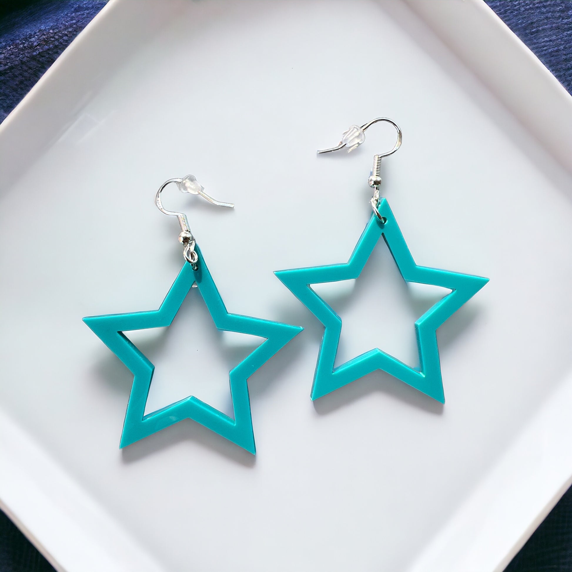 Blue Star Acrylic Dangle Earrings - Country Boho Statement Jewelry