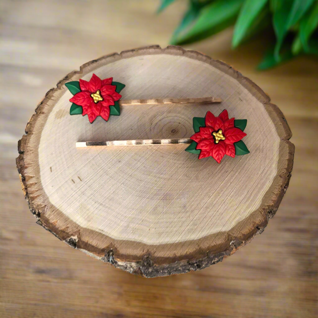 Chrysanthemum Hair Pins -  Red Poinsettia Flower Bobby Pins