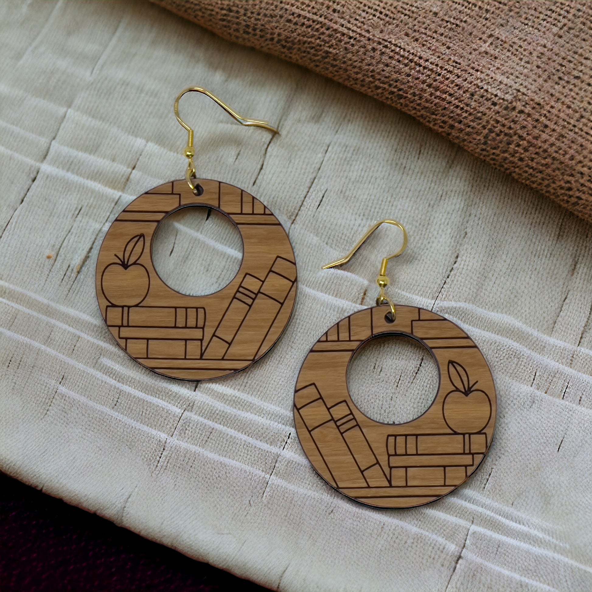 Apple & Books Wood Earrings – Boho Jewelry for Teachers