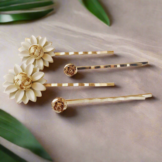 Cream & Gold Metal Floral Hair Pins - Bridal Bobby Pins