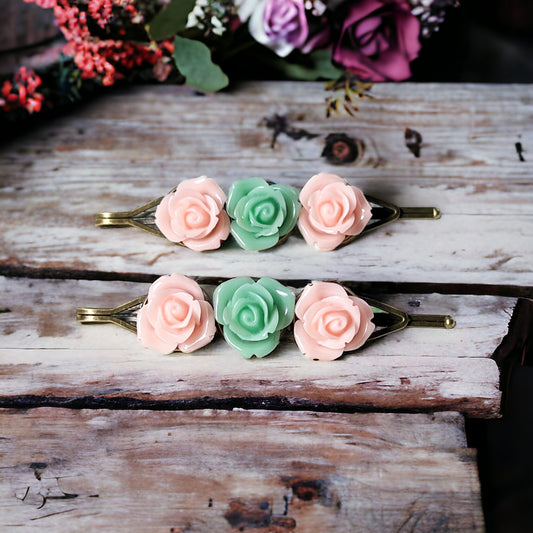 Pink & Mint Green Rose Floral Hair Pins: Delicate Springtime Accents