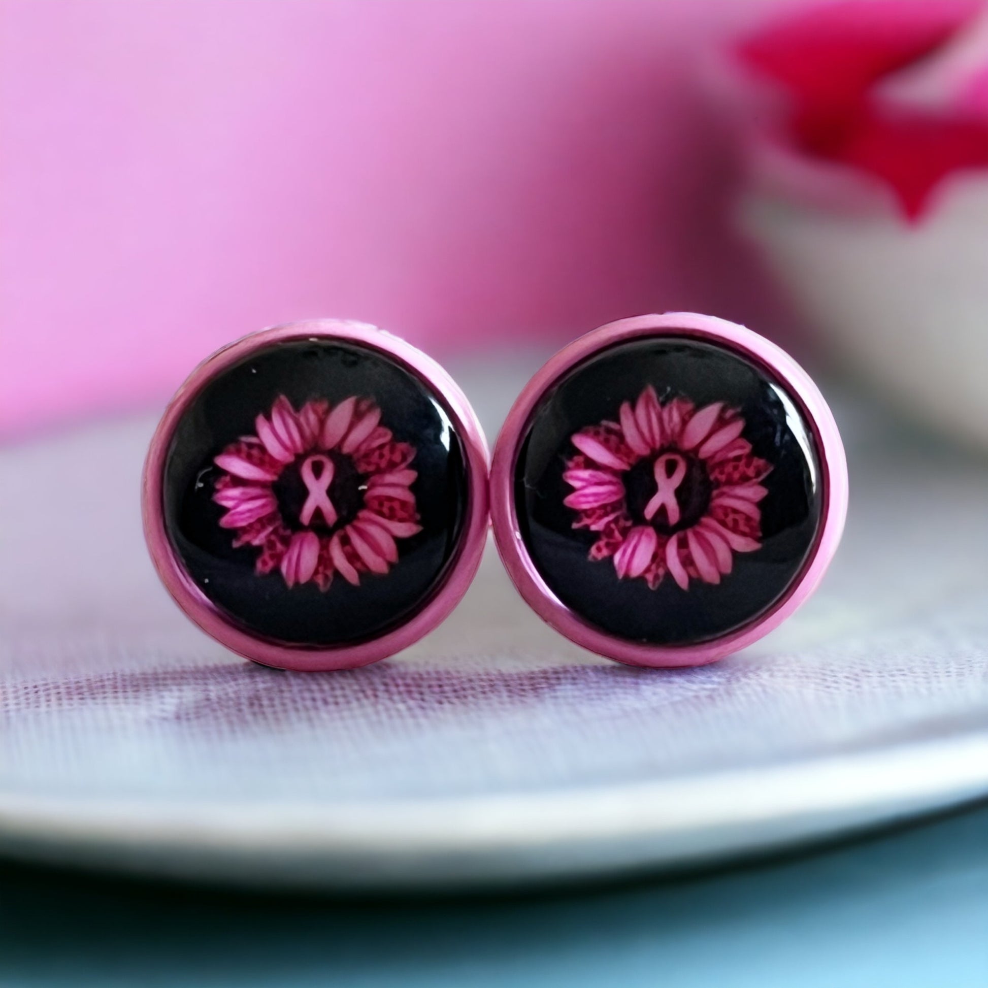 Pink Flower & Ribbon Stud Earrings – Breast Cancer Awareness Jewelry