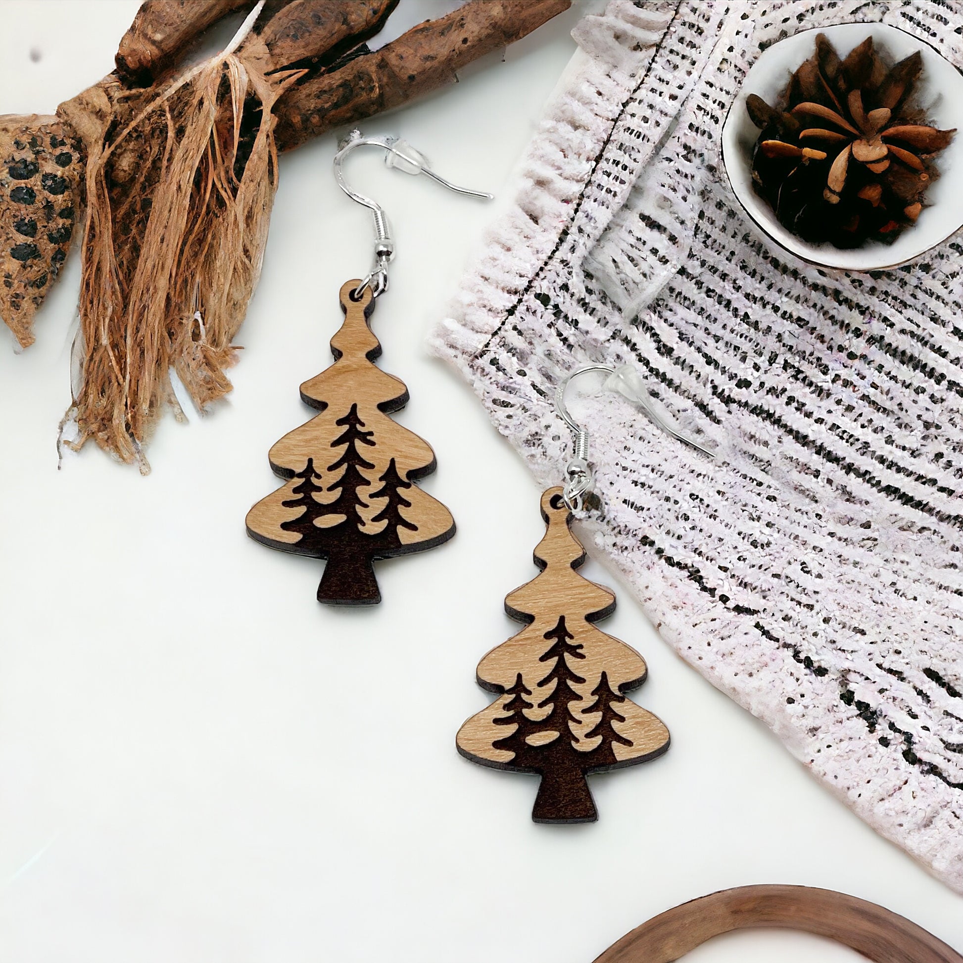 Layered Pine Tree Earrings – Rustic Woodland Forest Jewelry