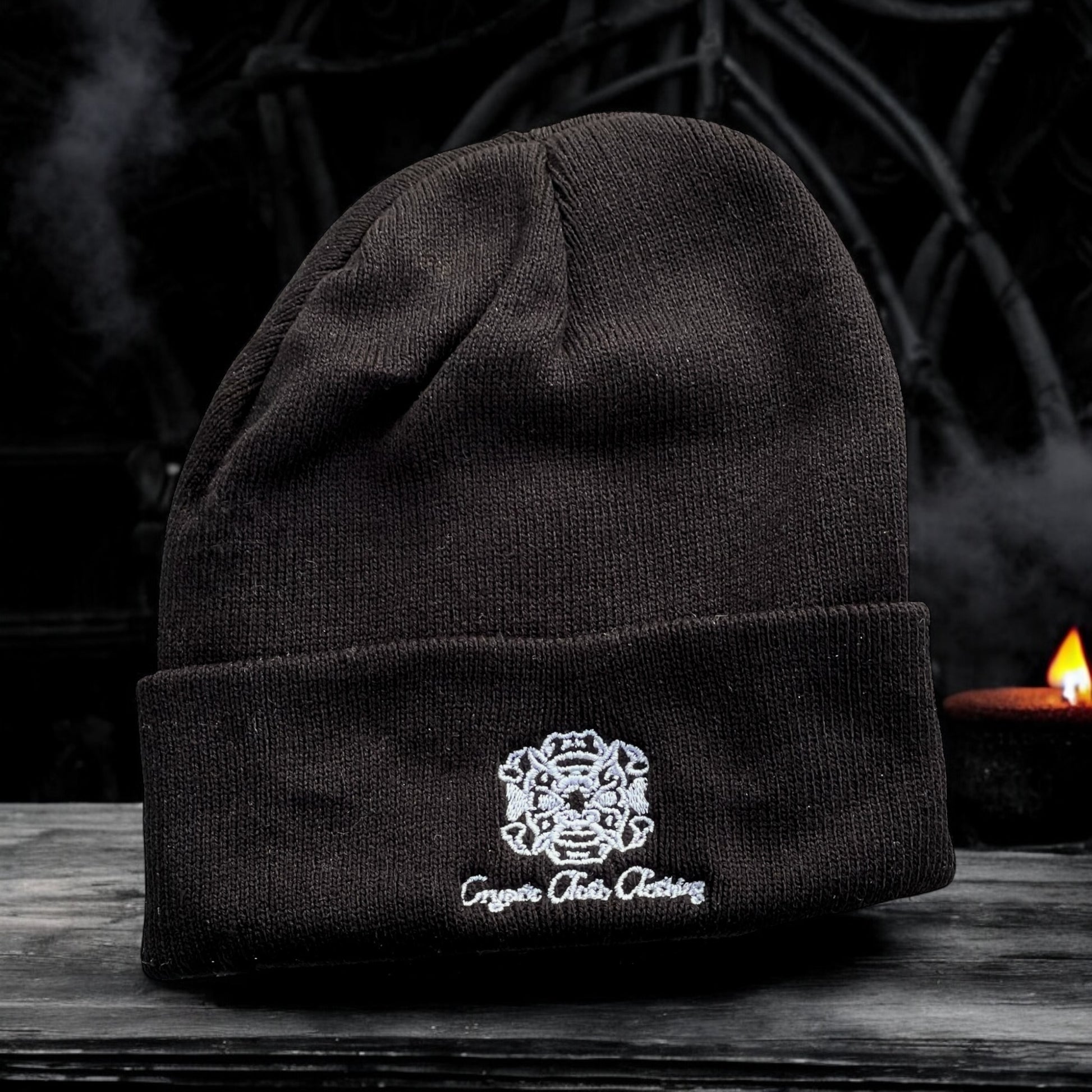 [PREORDER] Embroidered Black Beanie – Hand-Drawn – Demon Skull Streetwear Hat