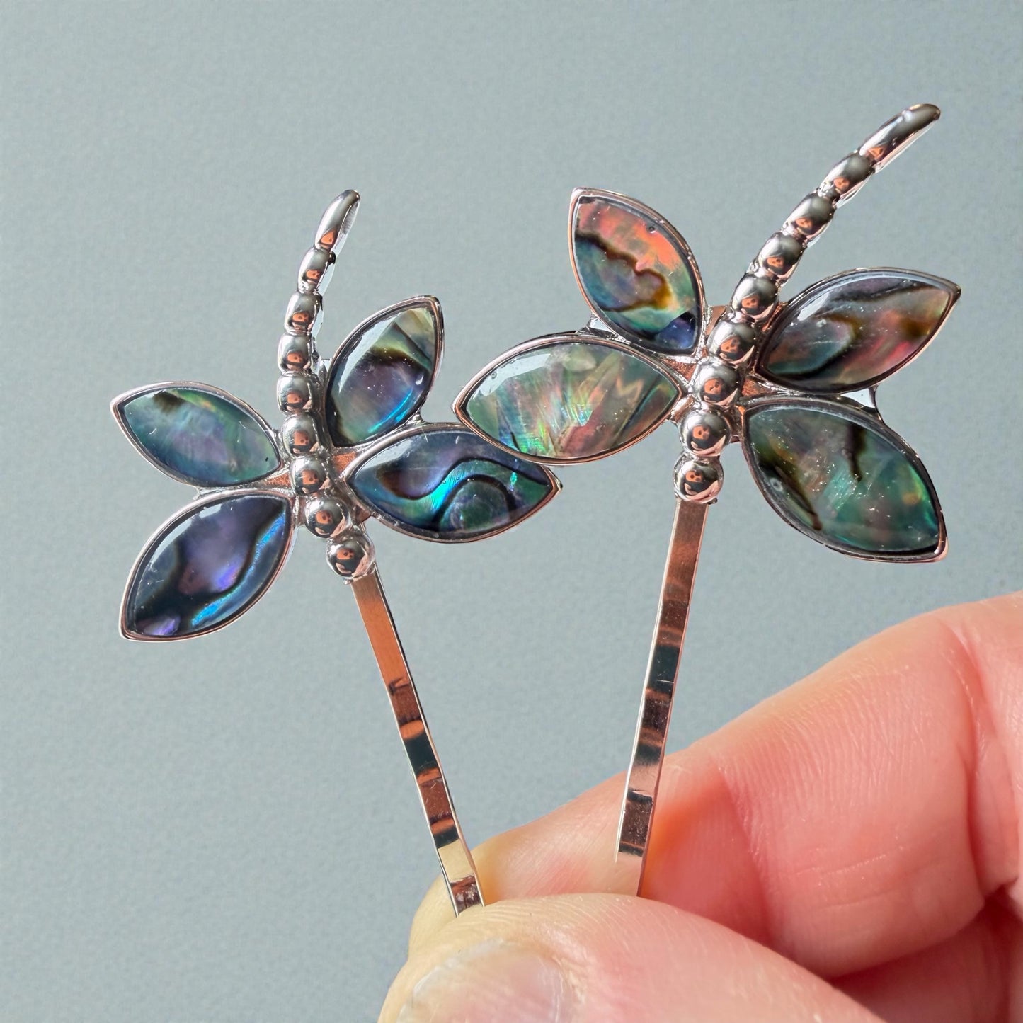 Abalone & Silver Dragonfly Hair Pin Set – Natural Shell Bobby Pins for Women