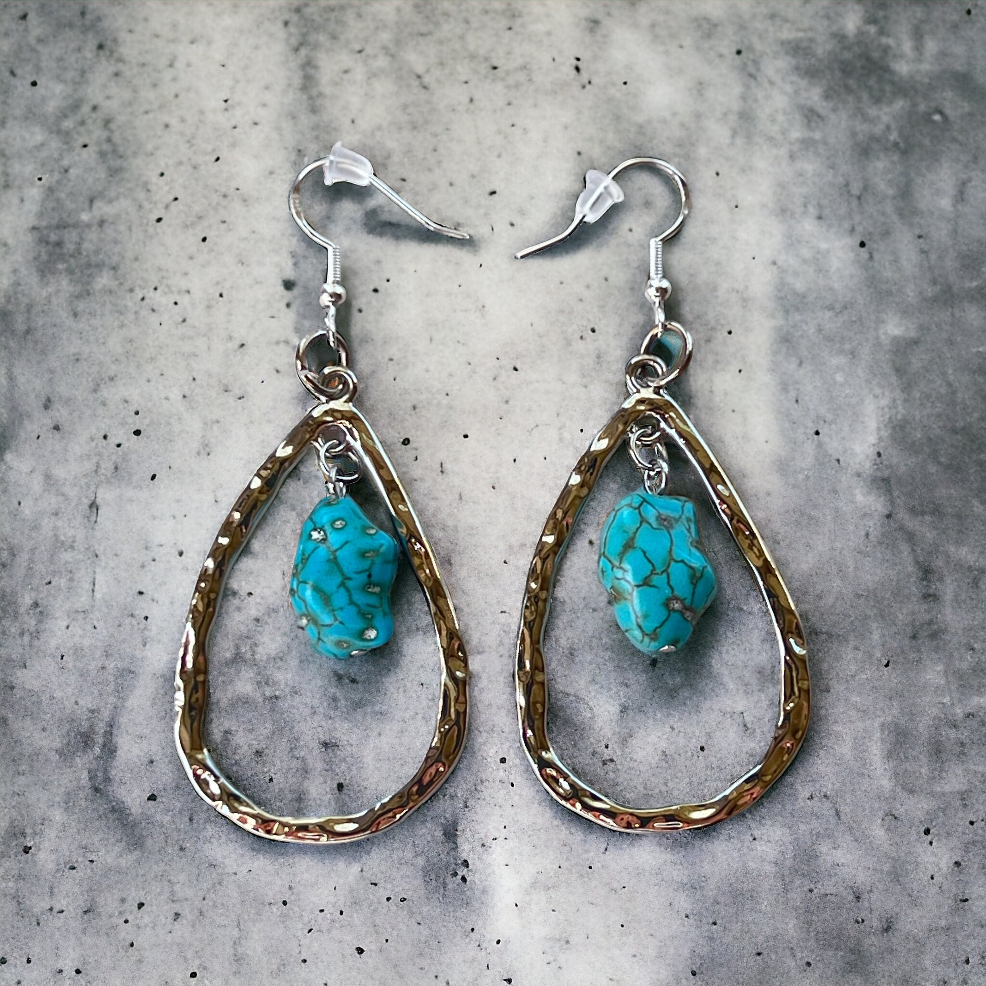 Hammered Teardrop Earrings – Turquoise Boho Western Jewelry