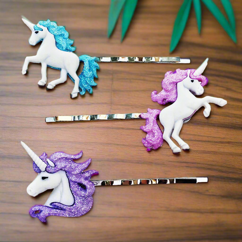 Unicorn Hair Pins Set: Whimsical Trio in Pink, Blue, & Purple for Enchanting Hairstyles