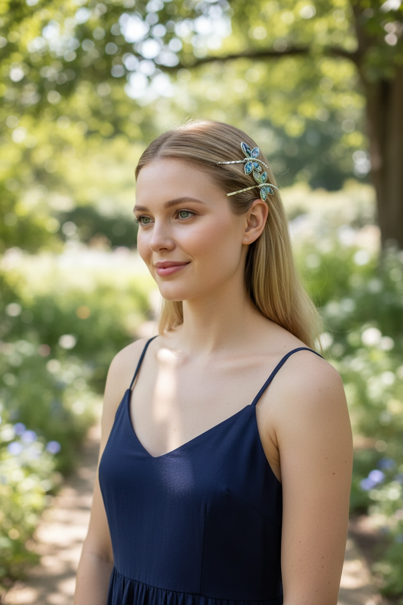 Abalone & Silver Dragonfly Hair Pin Set – Natural Shell Bobby Pins for Women