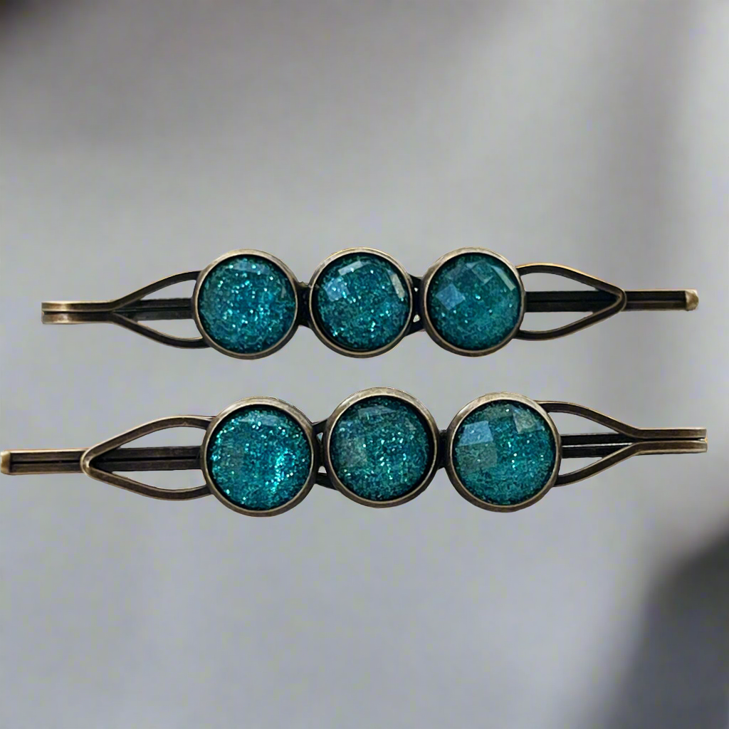 Teal Shimmer Hair Pins – Glittery Acrylic Boho Hair Clips in Antique Bronze