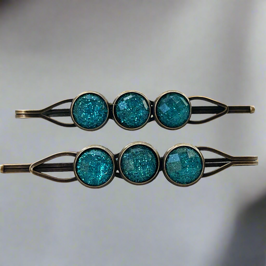 Teal Shimmer Hair Pins – Glittery Acrylic Boho Hair Clips in Antique Bronze
