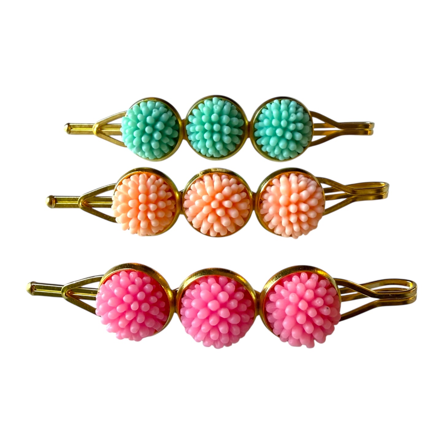 Pastel Pom Pom Flower Hair Pins – Pink Mint Peach Gold Bobby Pins