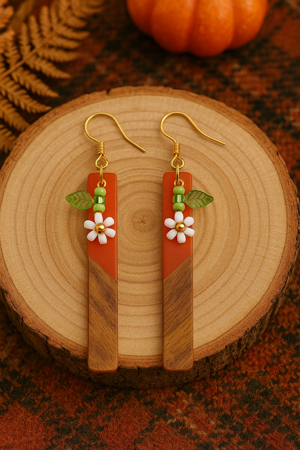 Boho Wood & Resin Daisy Earrings – Lightweight Botanical Dangles