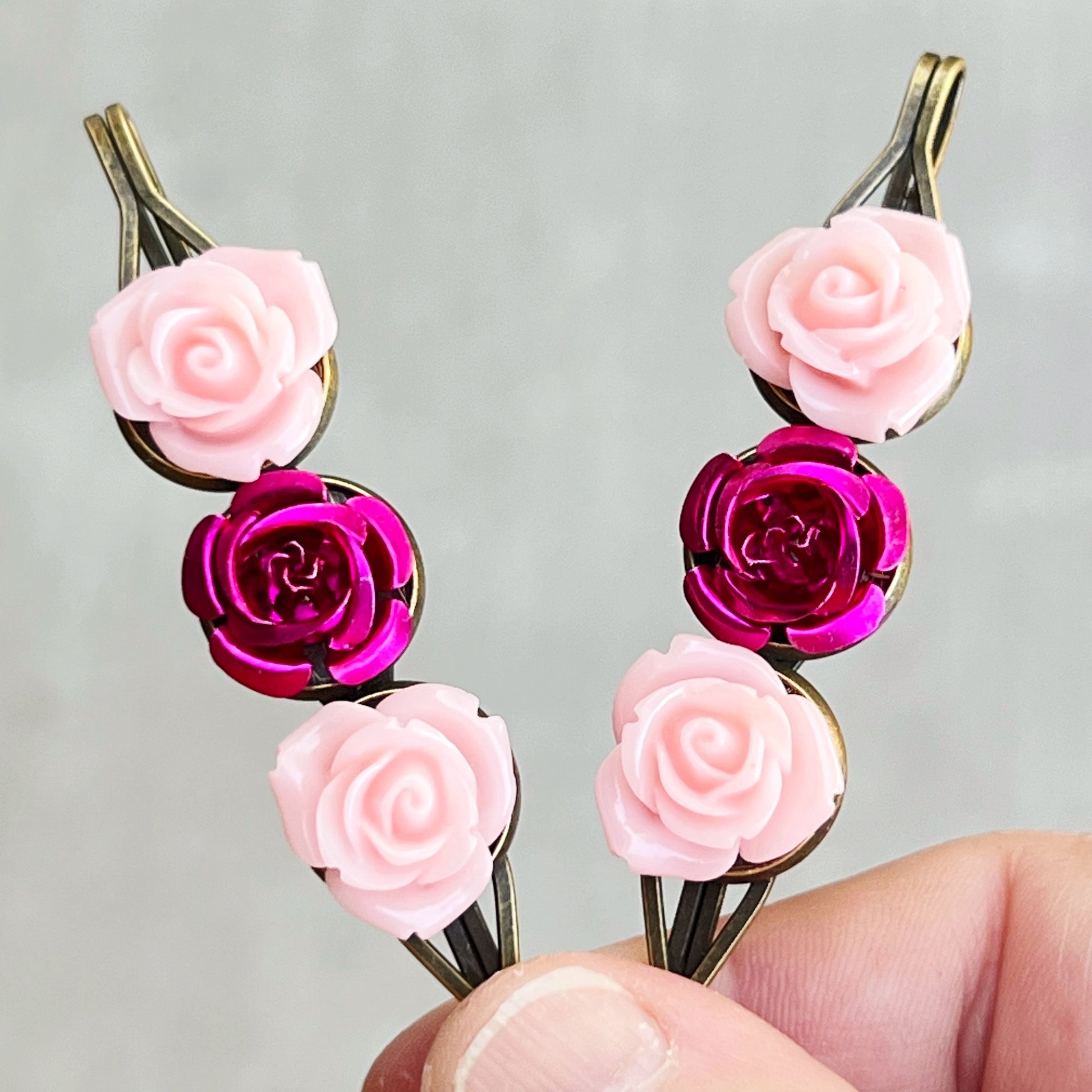Pink & Red Rose Hair Pins – Vintage-Inspired Floral Bobby Pin Set