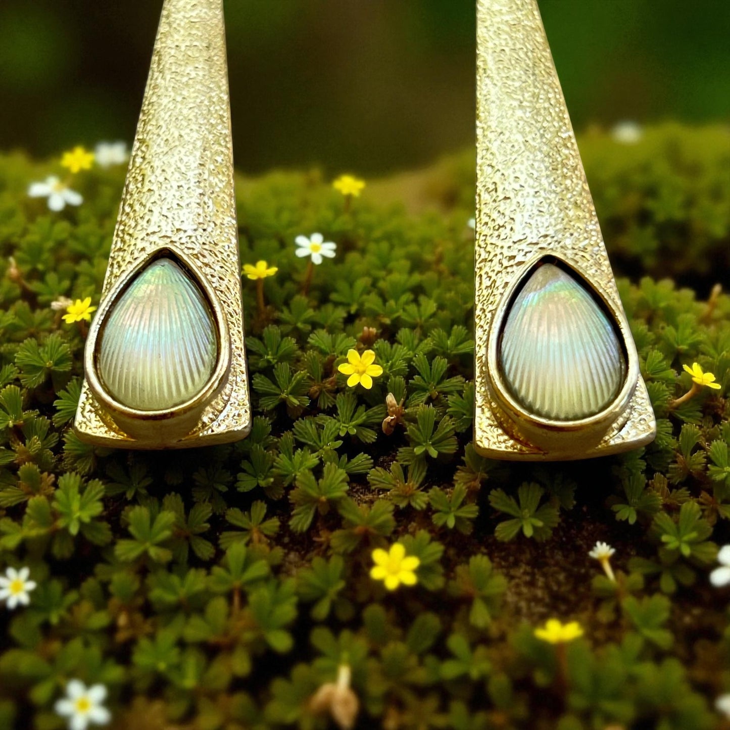 Textured Gold Teardrop Earrings – Iridescent Shell Dangles