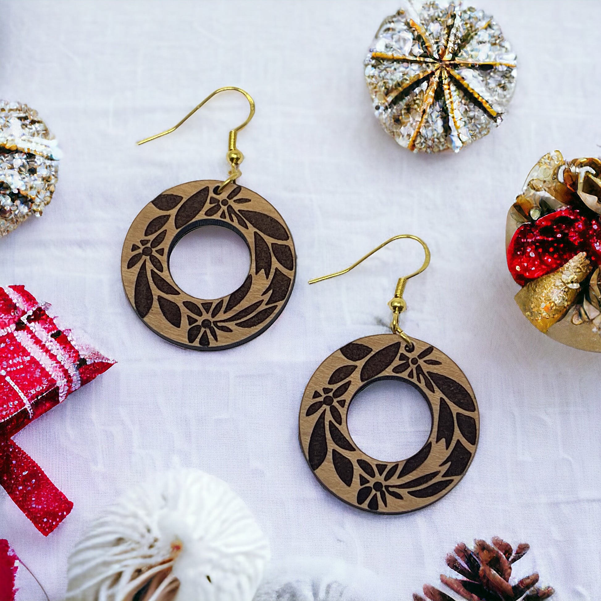 Etched Floral Circle Wood Earrings – Lightweight Boho Botanical Jewelry
