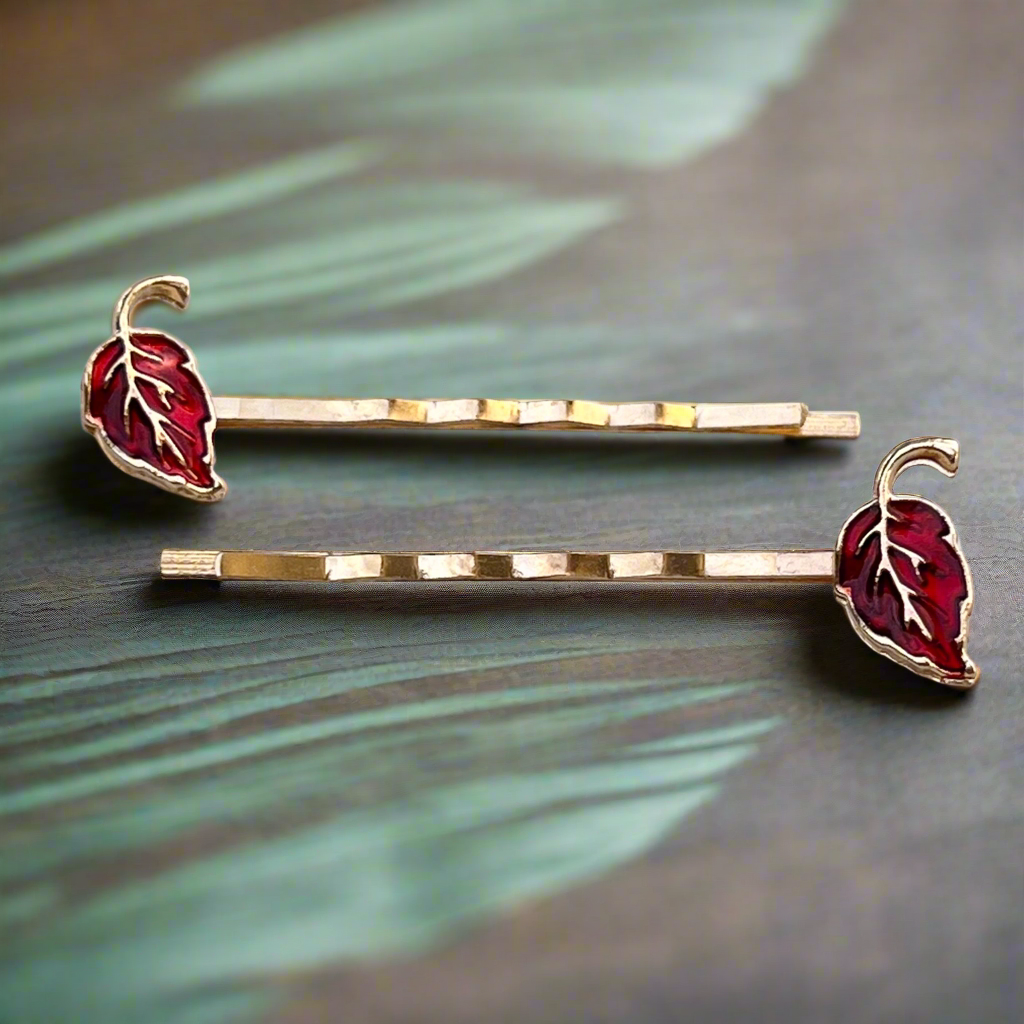 Red Enamel Leaf Hair Pins – Gold Autumn Botanical Hair Pins Set