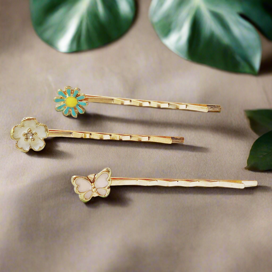 Pink Butterfly & Flower Hair Pin Set - Set of 3 Hair Accessories