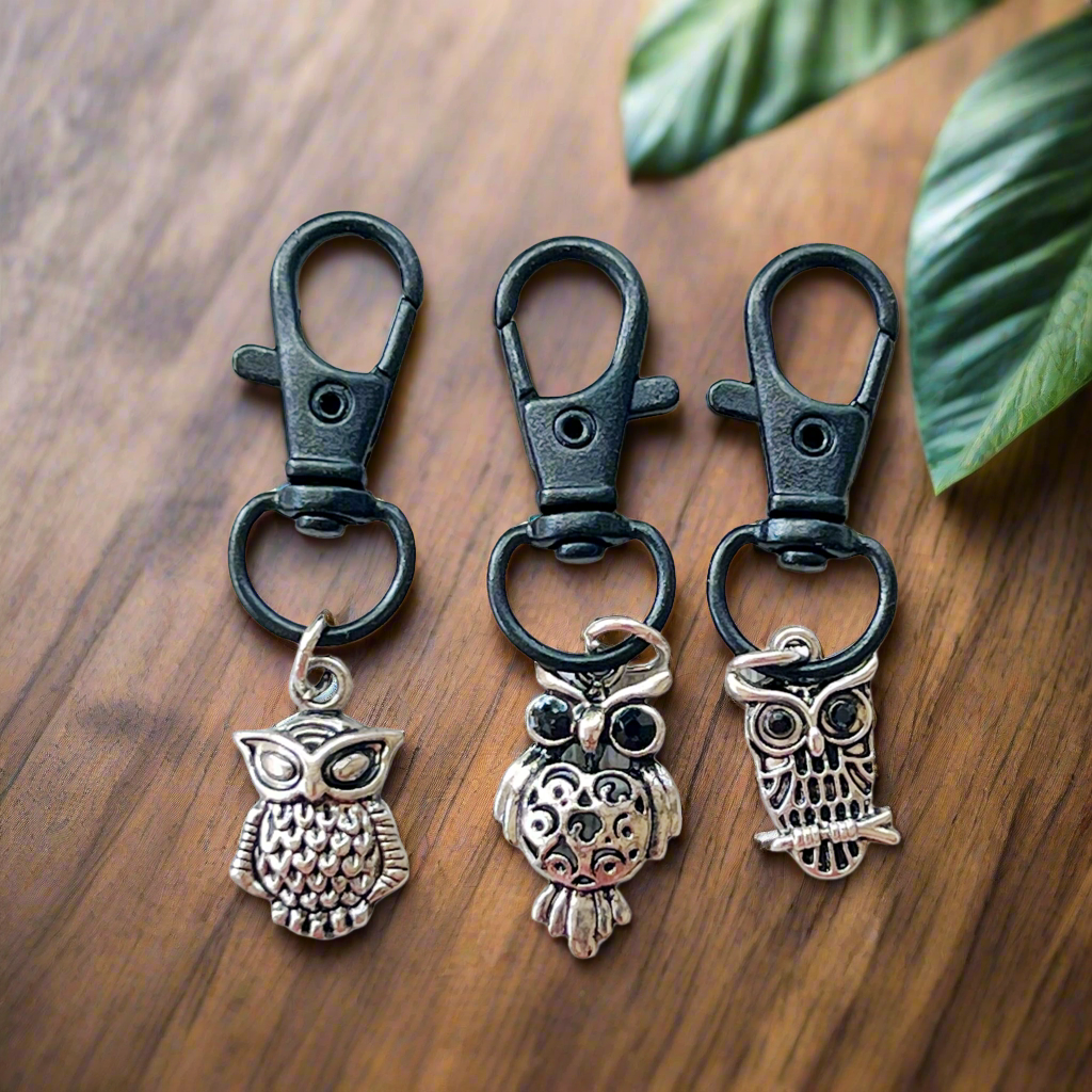 Set of 3 Silver Owl Purse Charms with Rhinestone Accents