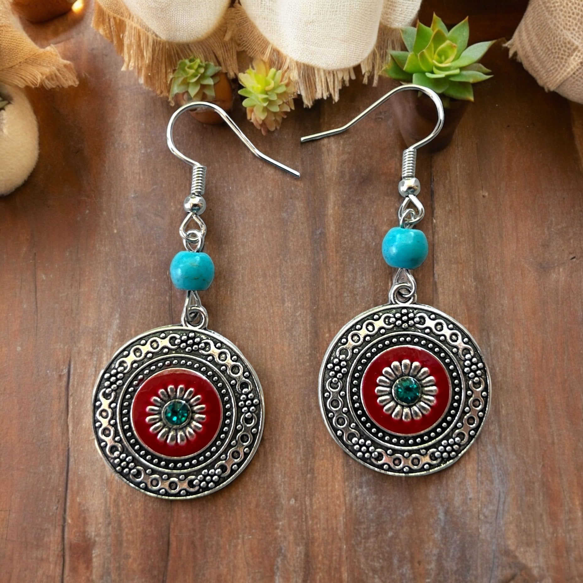 Western Medallion Earrings – Red & Turquoise Boho Dangles