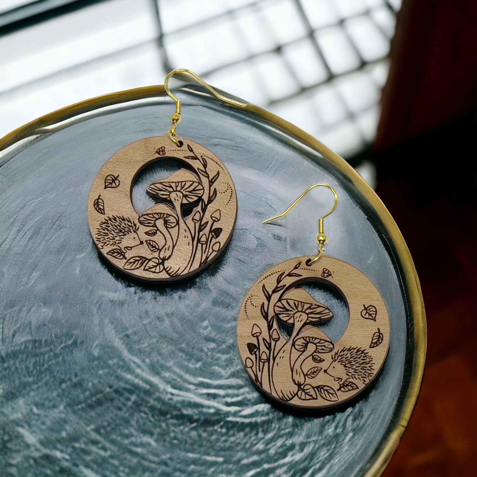 Hedgehog & Mushroom Wood Earrings – Whimsical Forest Jewelry