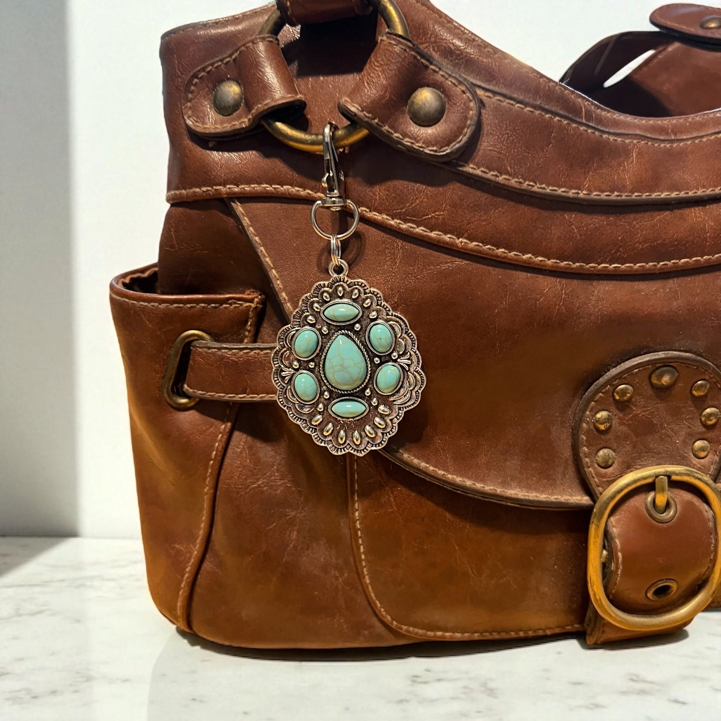 Turquoise Cluster Purse Keychain Charm– Vintage Western Concho