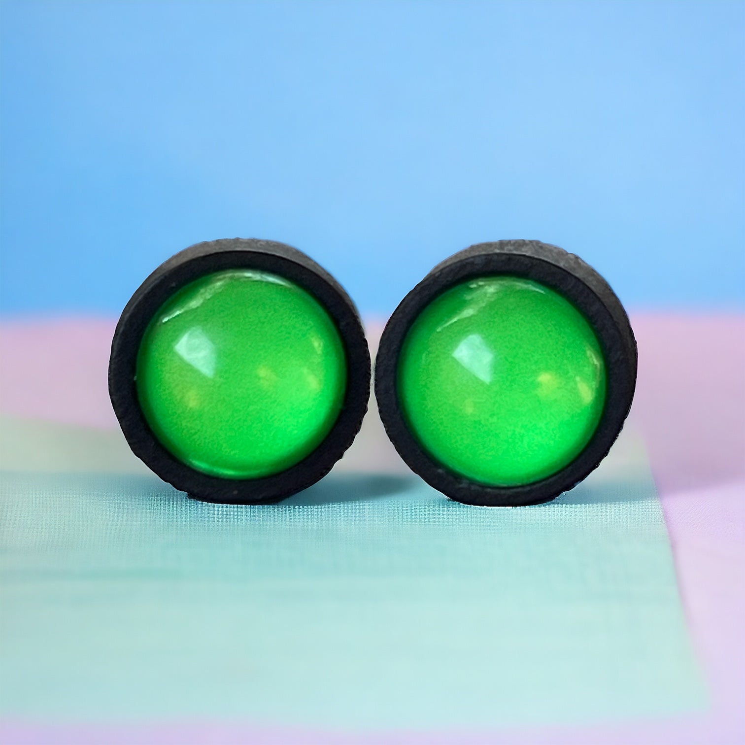 Neon Green Dome Stud Earrings – Bold Black Statement Jewelry