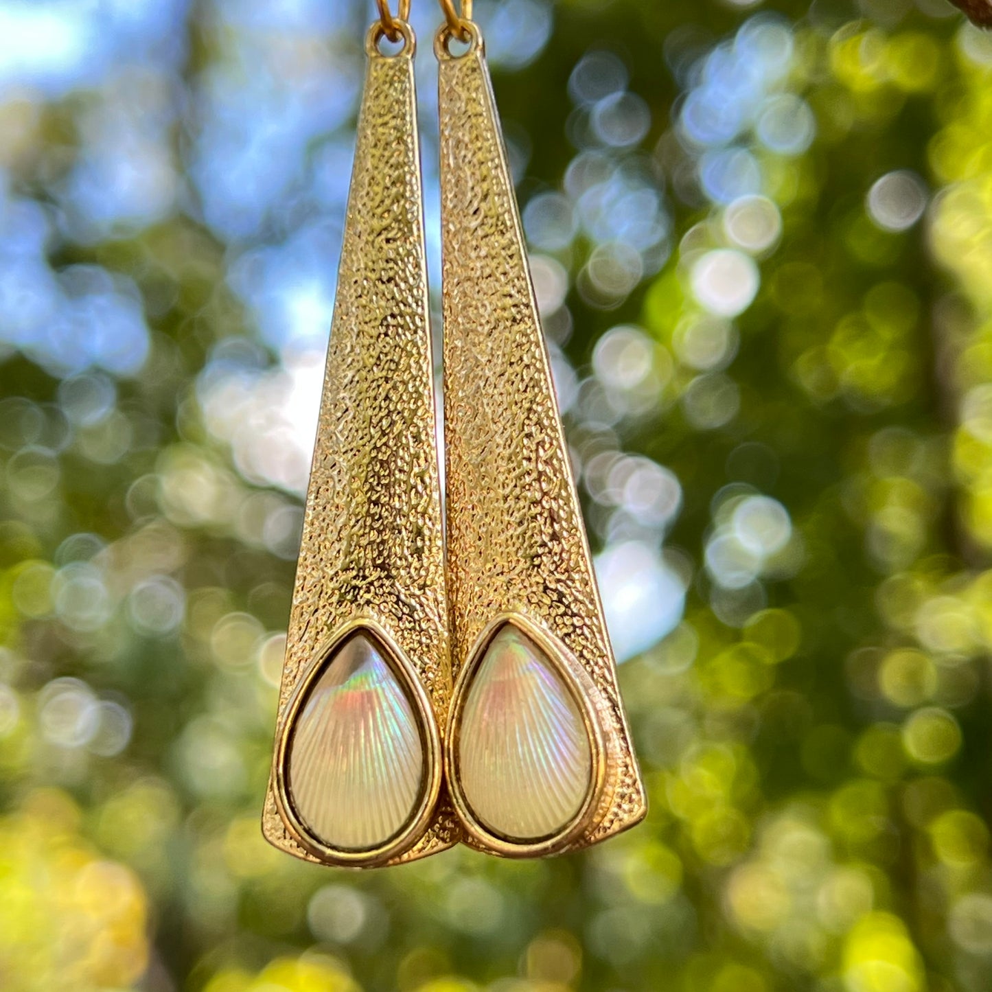 Textured Gold Teardrop Earrings – Iridescent Shell Dangles