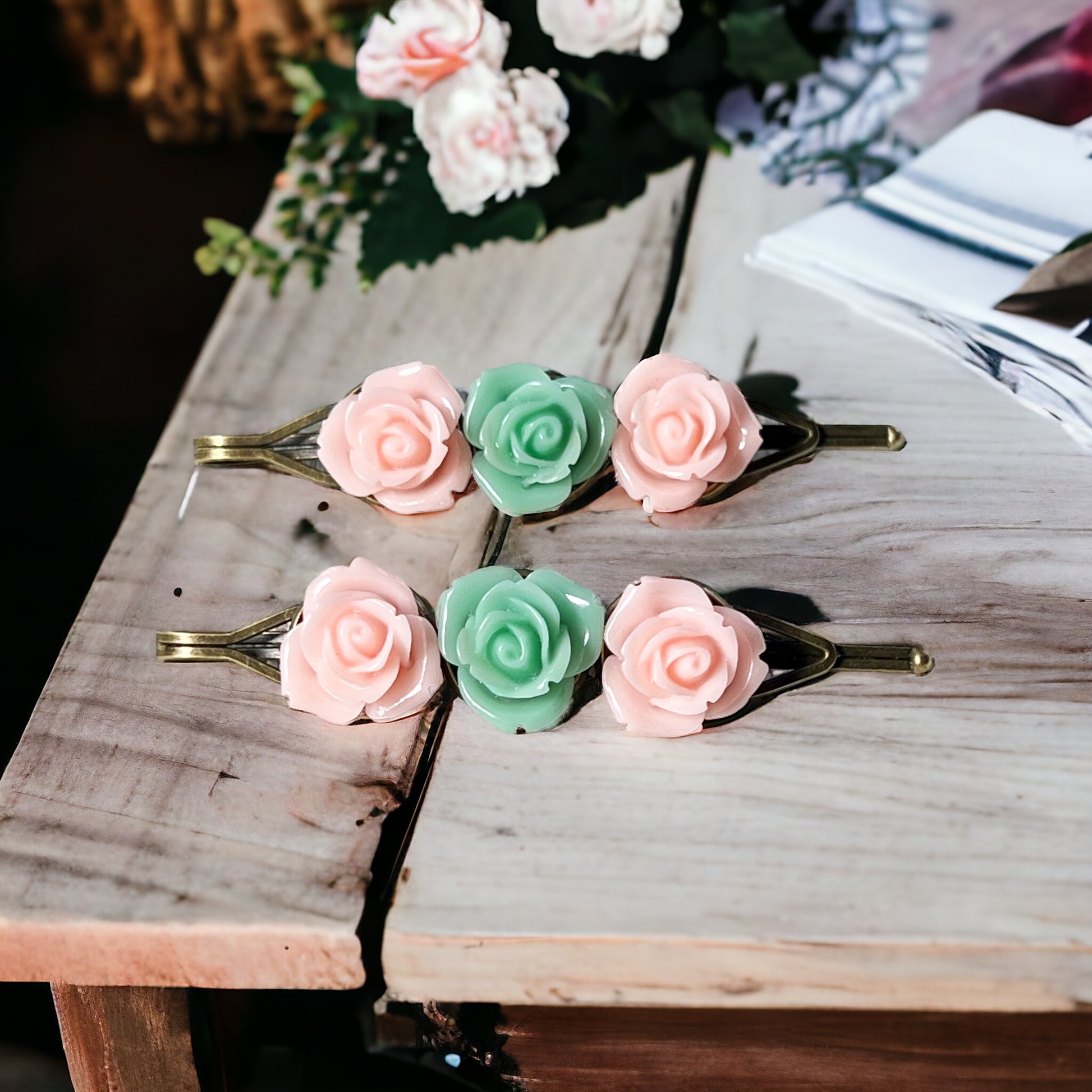 Blush & Mint Rose Hair Pins – Set of 2 Cottagecore Accessories