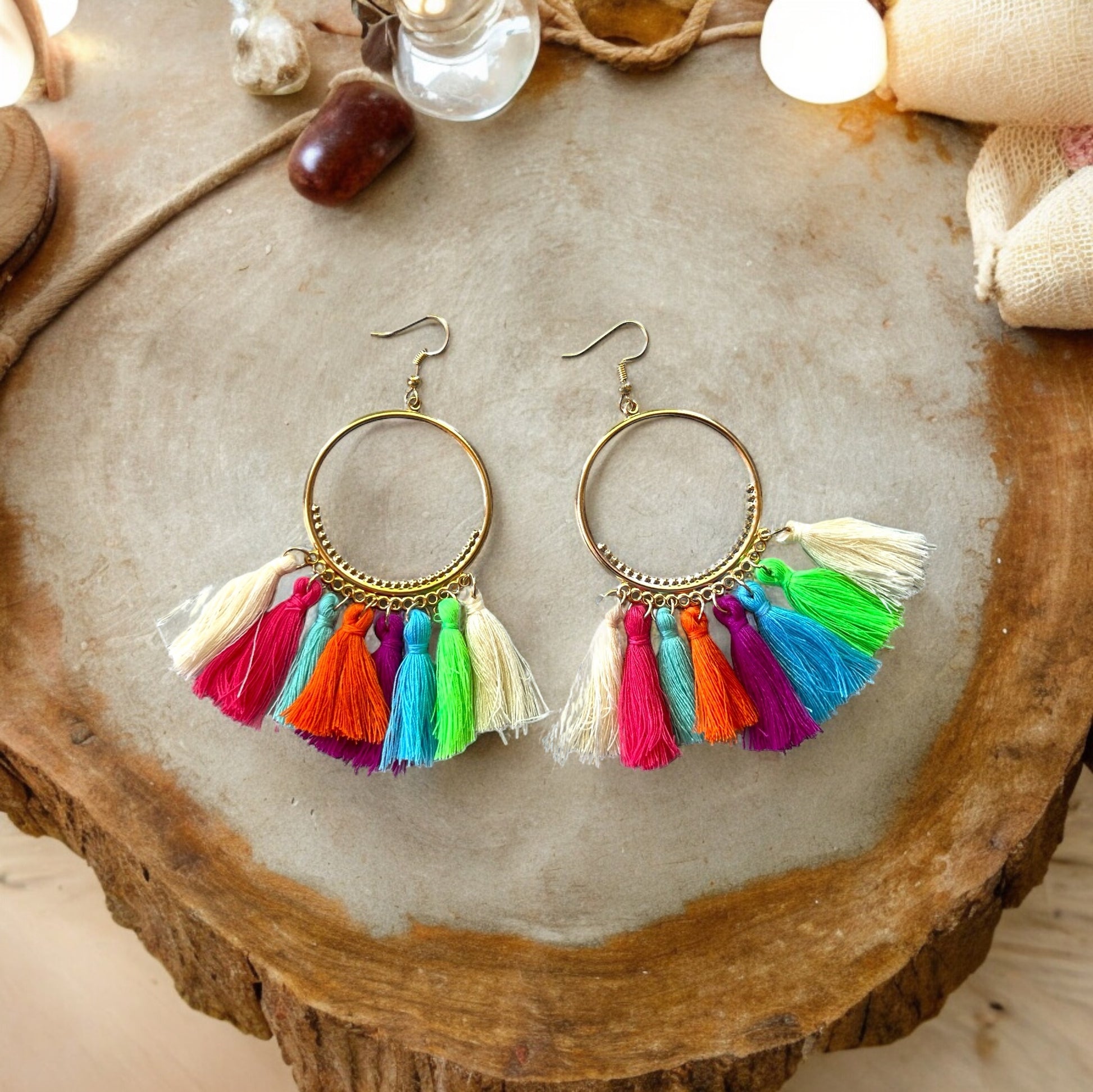 Rainbow Tassel Hoop Earrings – Bold Boho Festival Jewelry