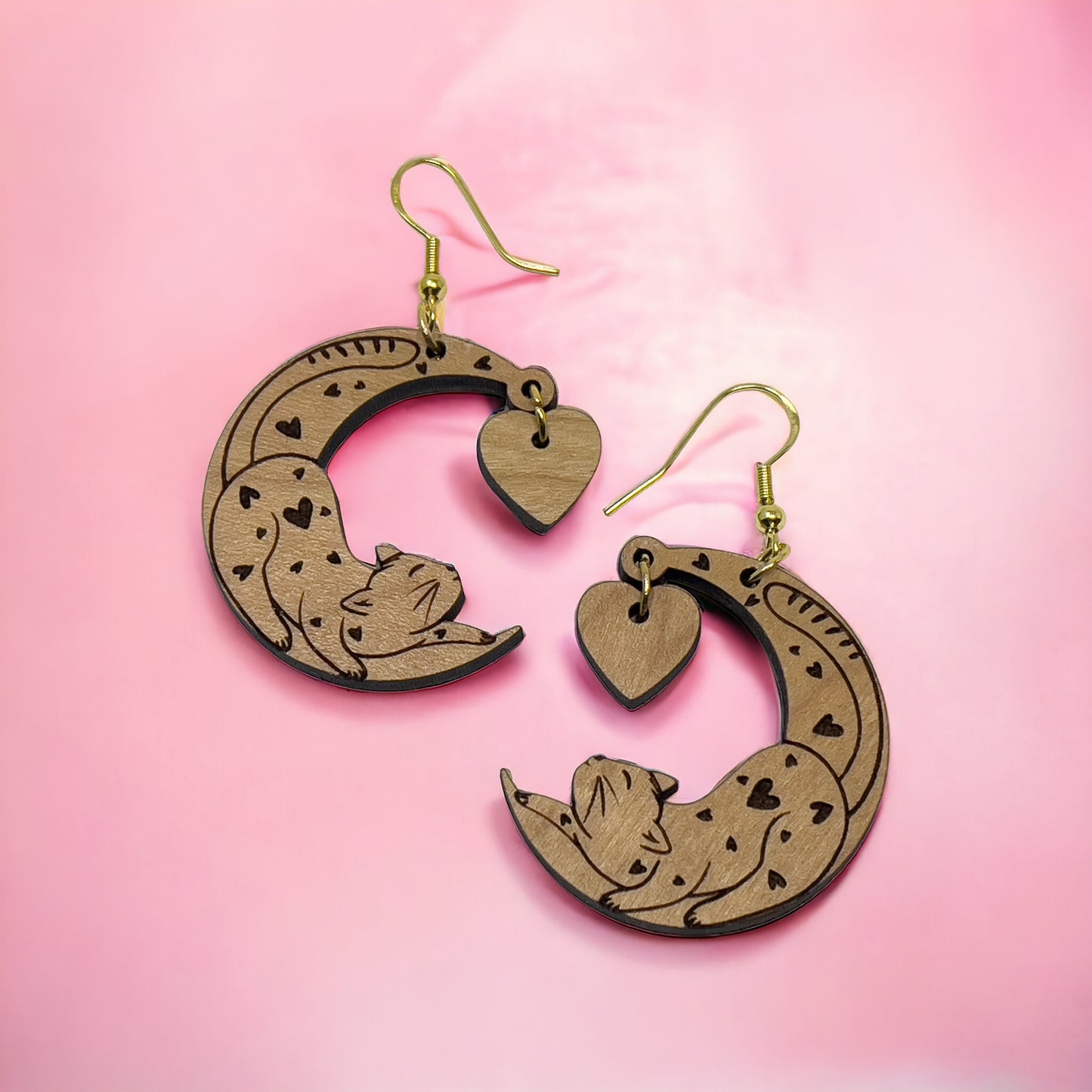 Heart Moon Cat Earrings – Whimsical Wooden Love Jewelry for Her