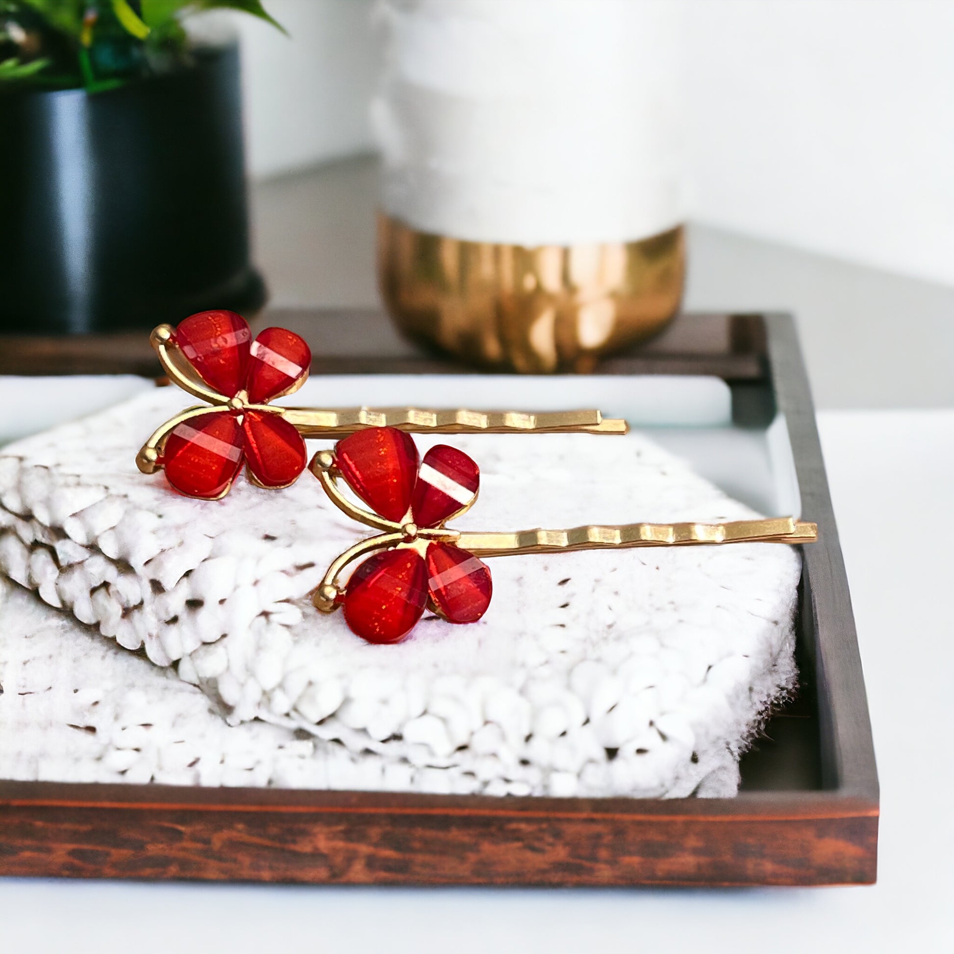 Red Resin Butterfly Hair Pins – Set of 2 Boho Spring Accessories