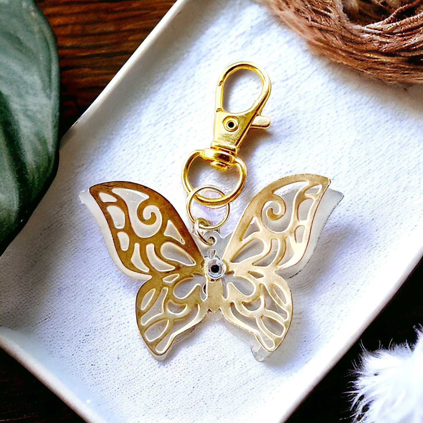 Gold & Silver Butterfly Zipper Pull Keychain Purse Charm with Filigree & Rhinestone Accents - Elegant & Stylish Accessory for Your Bag