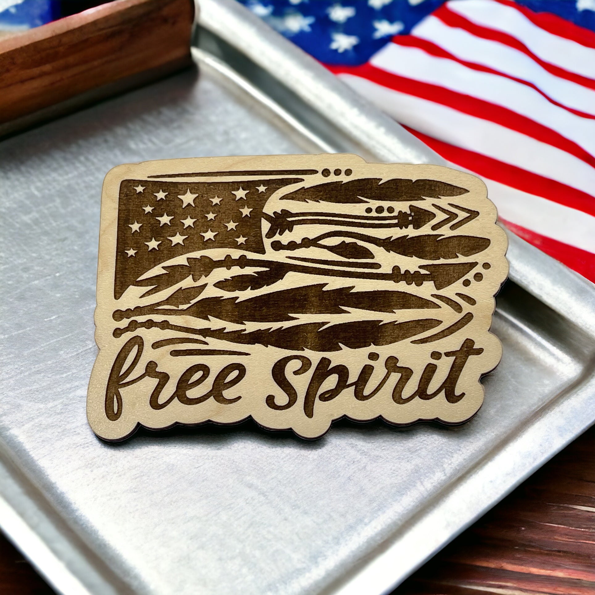 Free Spirit Arrow Flag Magnet – Boho Patriotic Wooden Decor