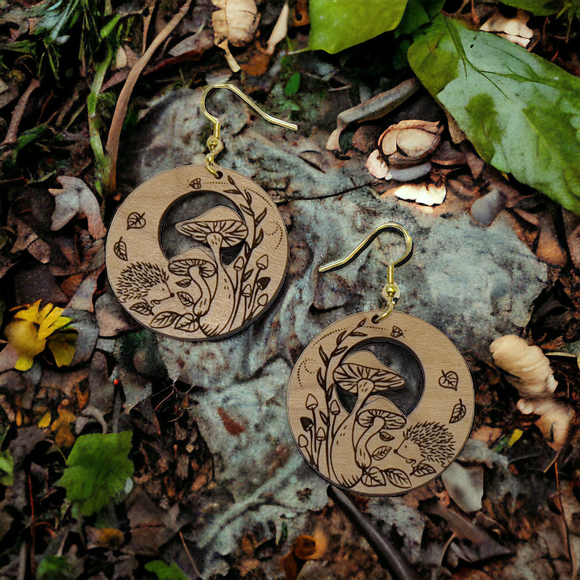 Hedgehog & Mushroom Wood Earrings – Whimsical Forest Jewelry