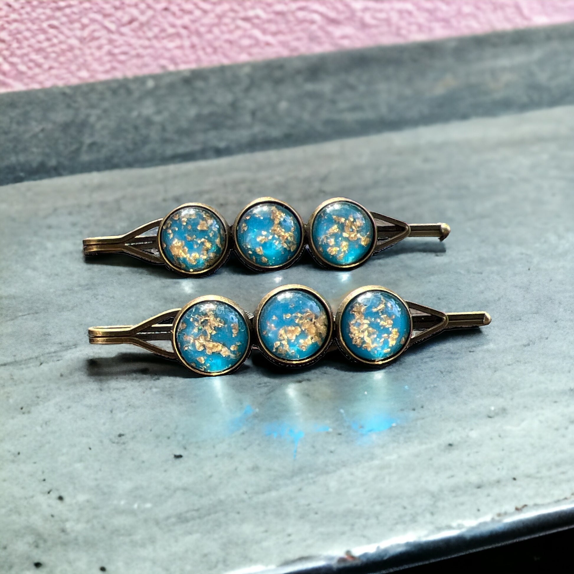 Sky Blue & Gold Foil Hair Pins – Set of 2 Celestial Hair Accessories