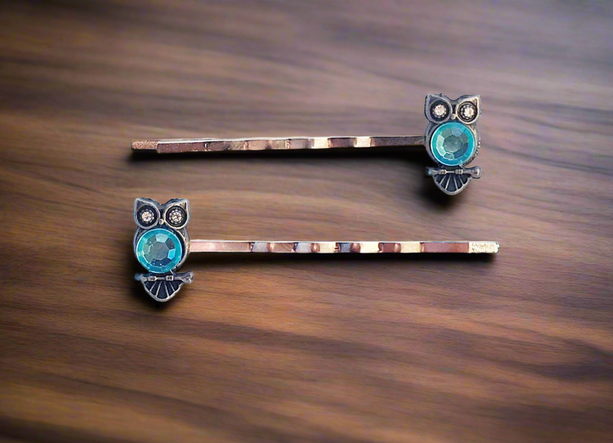 Blue Green Owl Hair Pins - Boho-Bobby Pins for Women