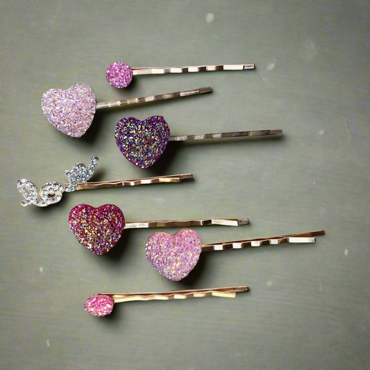 Druzy Heart & Rhinestone Love Hair Pins - Romantic Set of 7