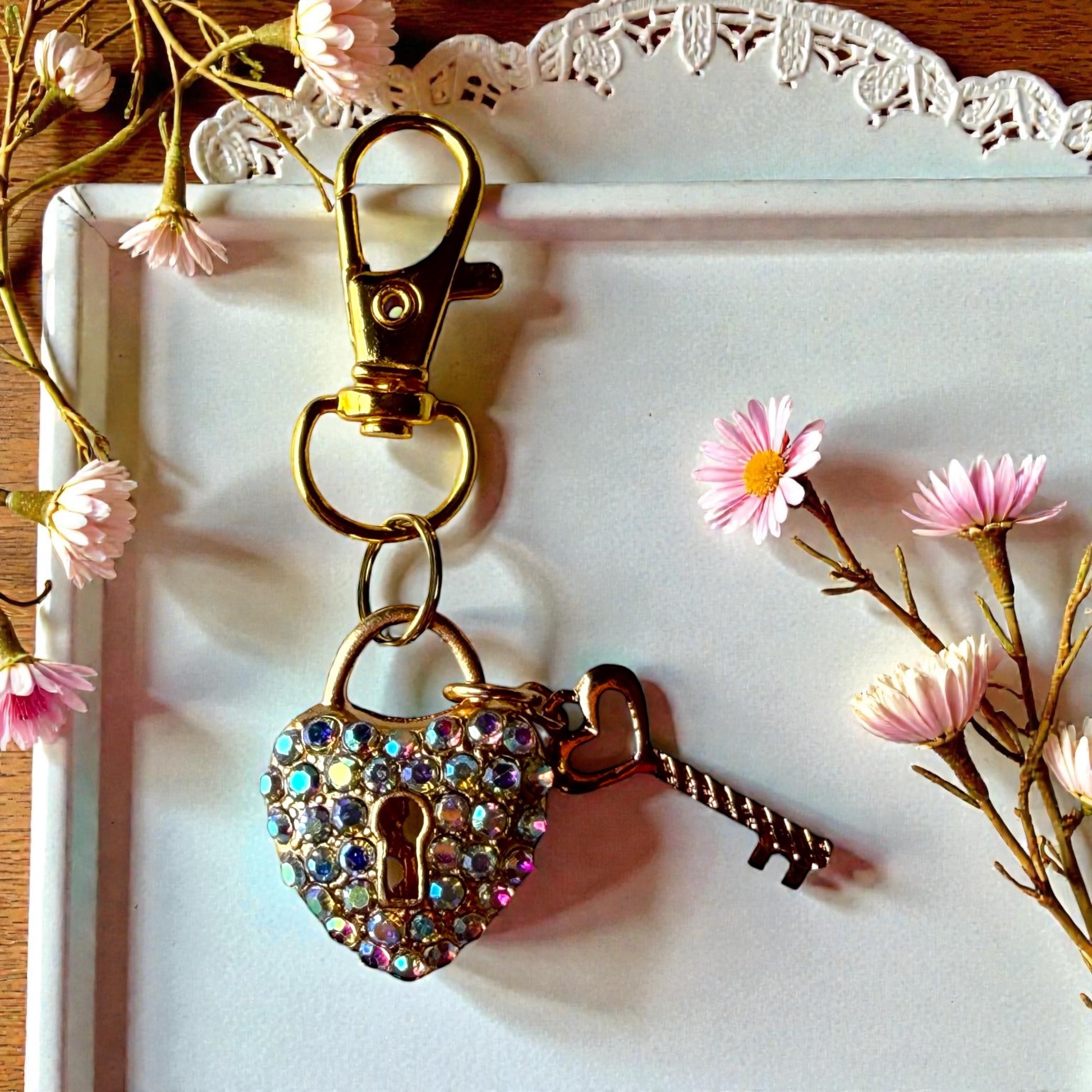 Heart Lock & Key Purse Charm – Sparkly Gold Bag Keychain - Be Grace Be Love Boutique
