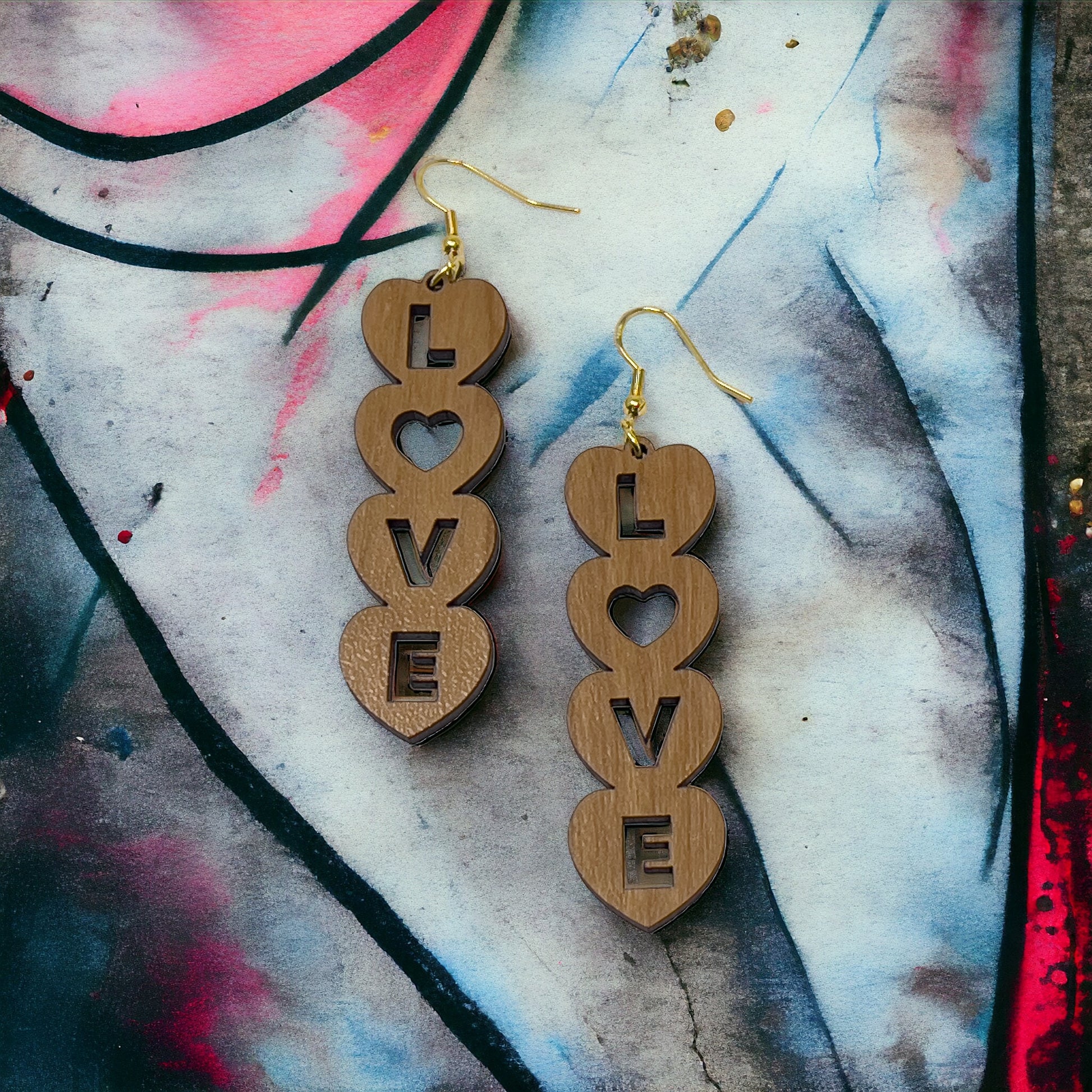 Stacked LOVE Heart Earrings – Bold Wooden Valentine’s Jewelry
