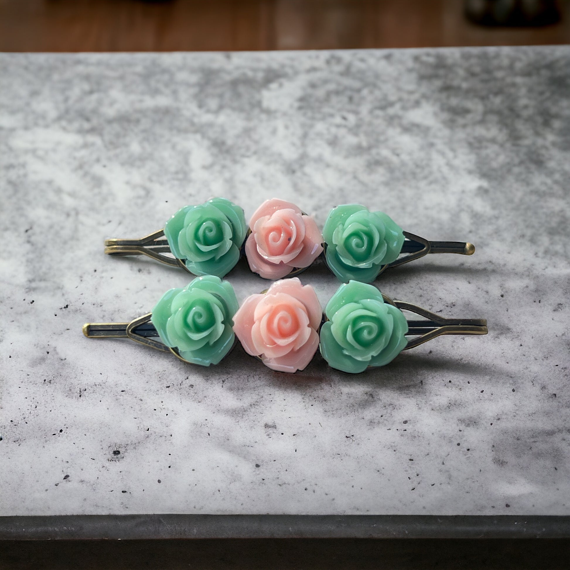 Mint & Blush Rose Hair Pins – Set of 2 Cottagecore Accessories