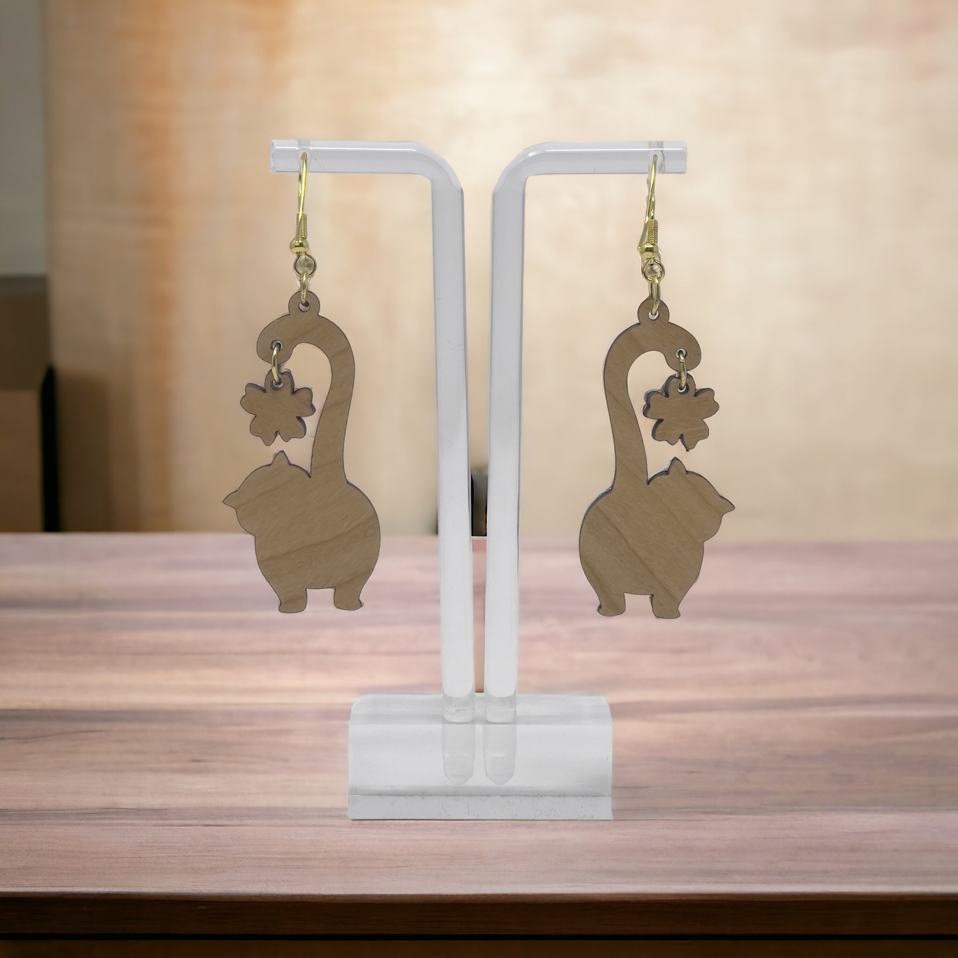 Cat Earrings, Wood Dangle Flower Earrings, Cute Feline Spring Gifts for Cat Lover Girlfriend, Adorable Animal Jewelry, Womens Earring Sets