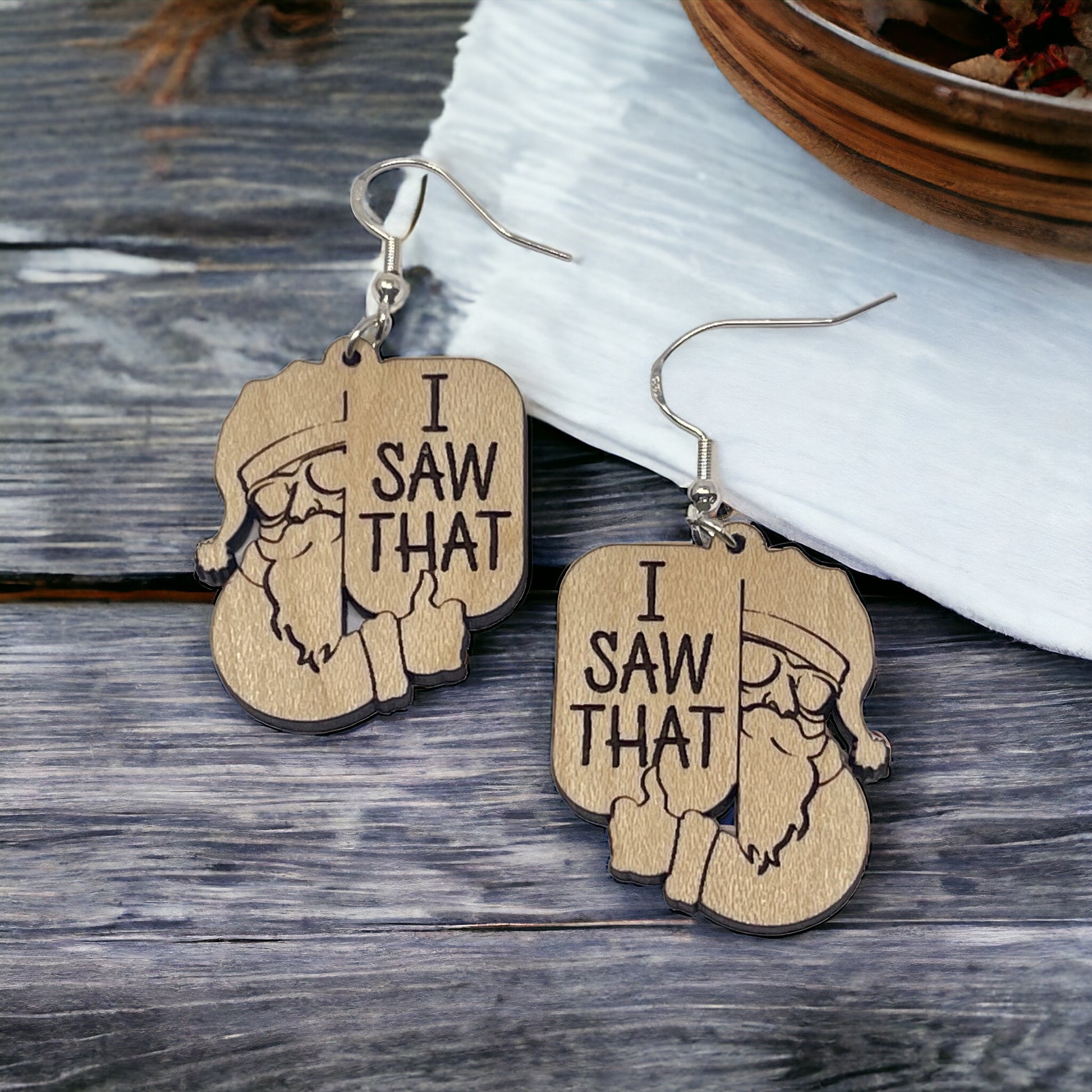 “I Saw That” Santa Earrings – Funny Etched Wood Christmas Jewelry