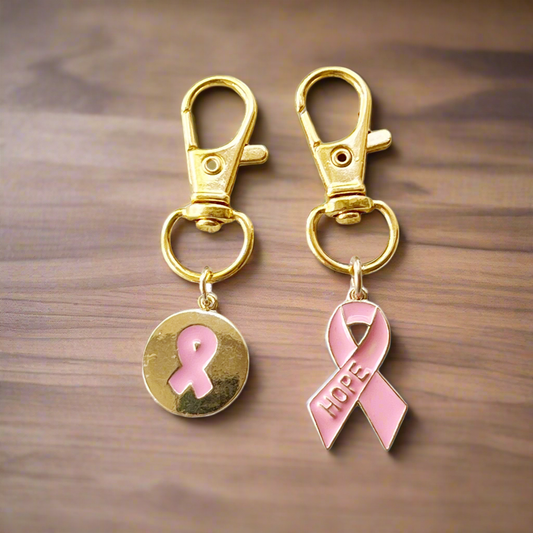 Pink Cancer Awareness Ribbon Keychain Purse Charm with Rhinestones