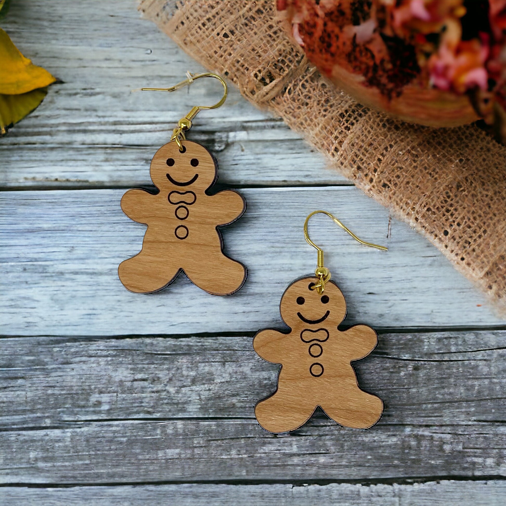 Gingerbread Man Wood Earrings – Cute Holiday Christmas Cookie Jewelry