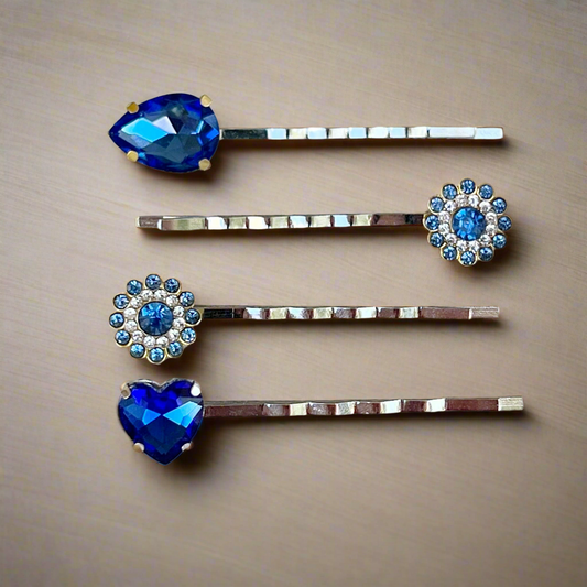 Blue Rhinestone Flowers, Heart, & Teardrop Hair Pins - Set of 4