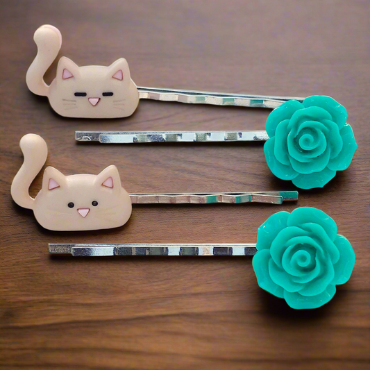 Tan Cats & Green Flower Hair Pin Set- Accessories for Cat Lovers