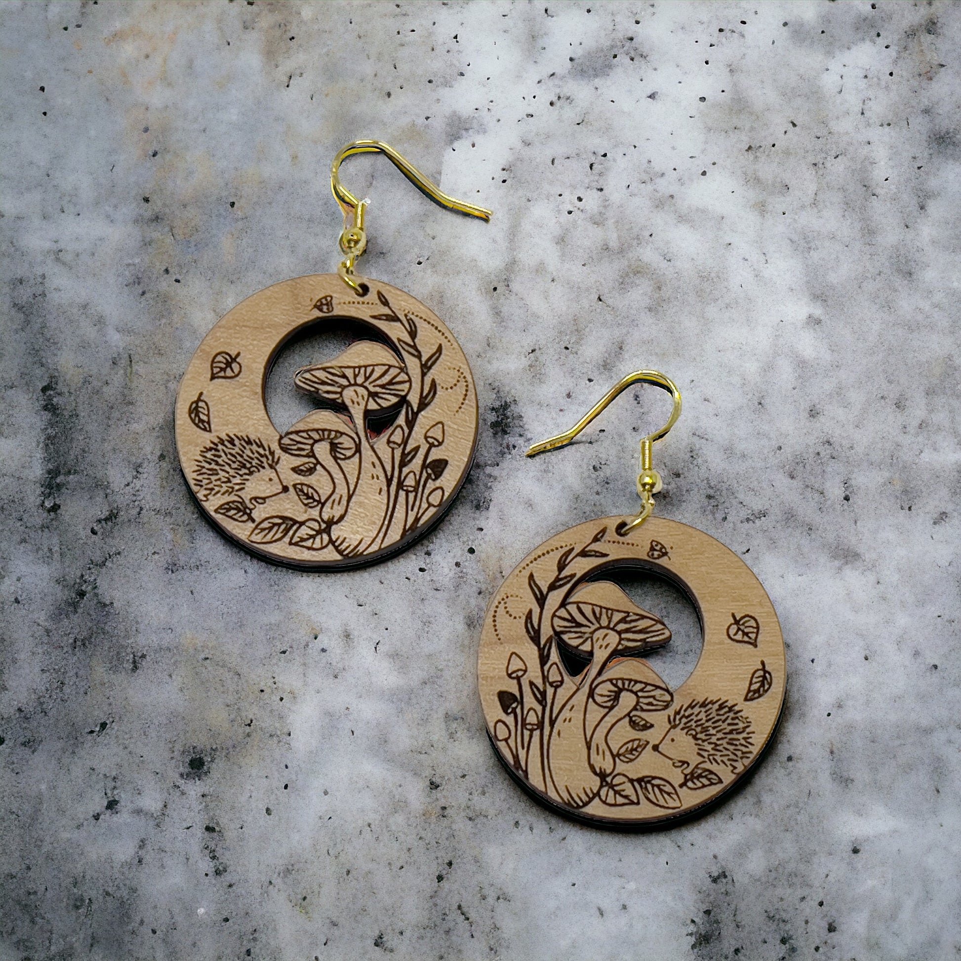 Hedgehog & Mushroom Wood Earrings – Whimsical Forest Jewelry