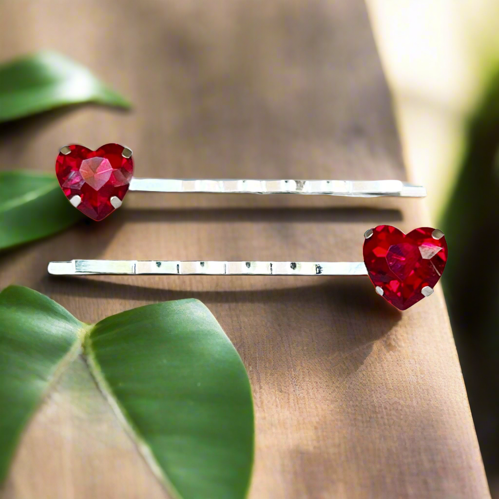 Red Rhinestone Heart Hair Pins - Romantic Elegance Set of 2