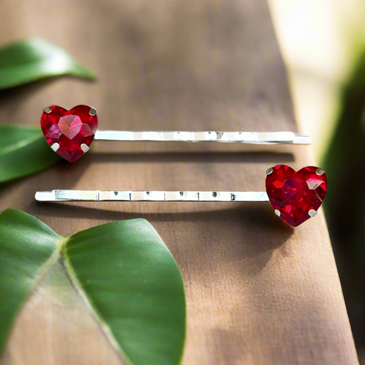 Red Rhinestone Heart Hair Pins - Romantic Elegance Set of 2